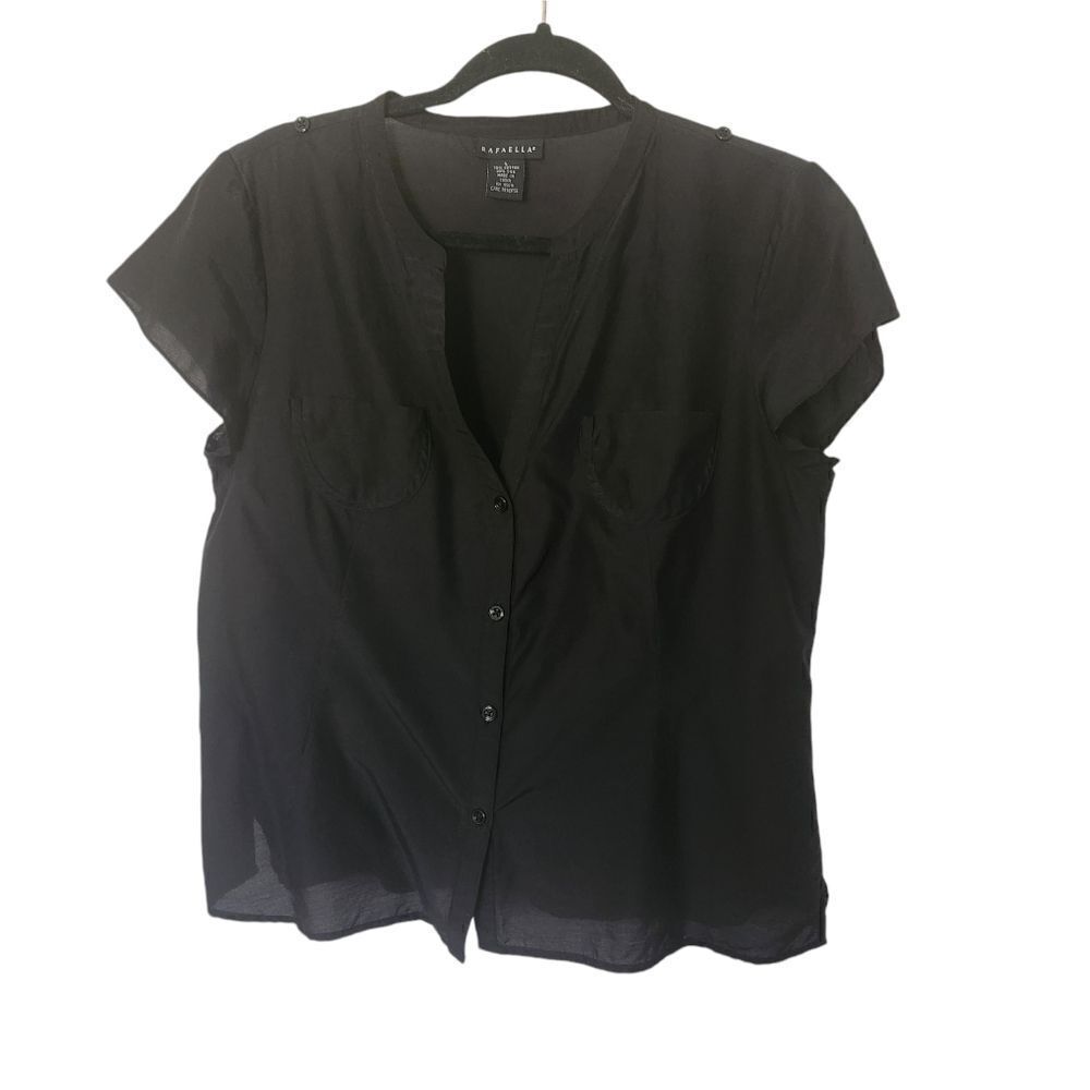 Rafaella Womens VINTAGE Silk Blend Deep V-Neck Button Front Cap Sleeve Top Large